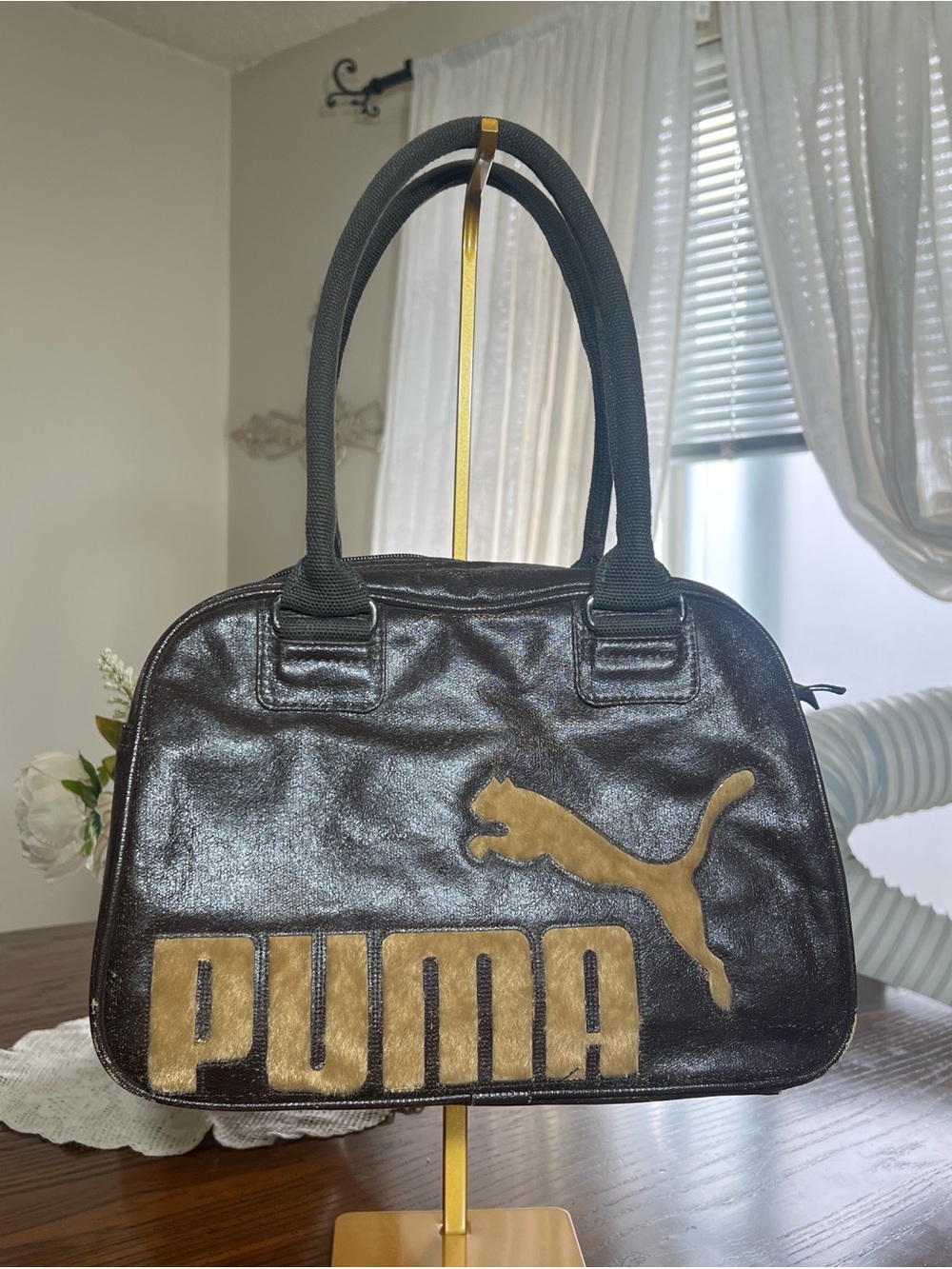 Y2K Puma Black Shoulder Bag with Faux Fur Logo